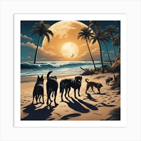 Dogs Full Moon, Sandy Parking Lot, Surfboards, Palm Trees, Beach, Whitewater, Surfers, Waves, Ocean, Art Print