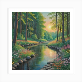 Sunset Serenity Blossoms By The Tranquil Stream (3) Art Print