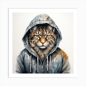 Watercolour Cartoon Lynx In A Hoodie 1 Art Print