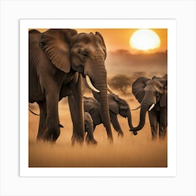 Family Of Elephants At Sunset Art Print