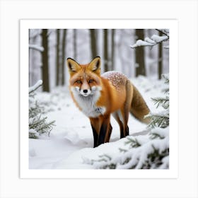 A Fox In The Snow In The Middle Of The Forest Art Print