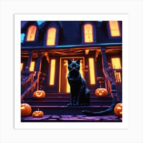 Halloween Cat In Front Of House 15 Art Print