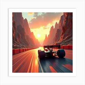 Formula Car Zooming Through A Futuristic Canyon Track Under A Setting Sun 1 Art Print