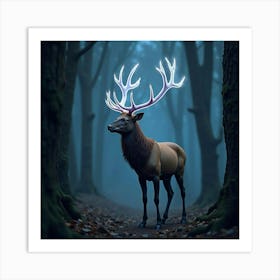 A Majestic Stag With Antlers Of Glowing, Bioluminescent Patterns Standing In A Magical Forest Art Print