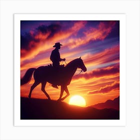 Silhouette Of A Cowboy Riding Into The Sunset, C4d, Dreamy And Optimistic, Vibrant Sky 4 Art Print