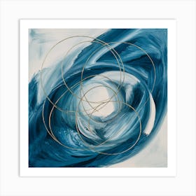 Golden Harmony Abstract Intertwining Circles On Blue (4) Art Print