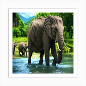 Elephants In The Water 1 Art Print