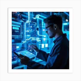 Abstract Cyber Industrial Icon Featuring A Futuristic Manager Interfacing With An Ai System Engagin (3) Art Print