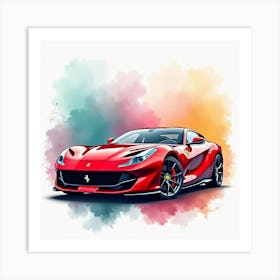 Ferrari 812 Superfast Against A Colorful Watercolor Backdrop, No Signature Or Logo 1 Art Print