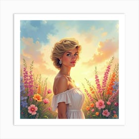 Radiant Princess Diana Amid Watercolor Flowers And Colorful Sky 1 Art Print