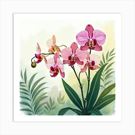 A Watercolor Painting Of Orchids Blooming In A Tropical Garden Art Print