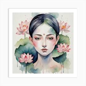 Chinese Girl With Lotus Flowers 1 Art Print