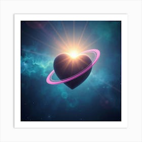 Unusual Fine Art Photograph Surreal Cosmic Scene, Heart Shaped Planet With Pink, Purple, Gold Rings, Bright Lens Flare, Light Streaks, Vibrant Colors, Soft Contrast, Soft Saturation, Blues, Greens, Purples Art Print