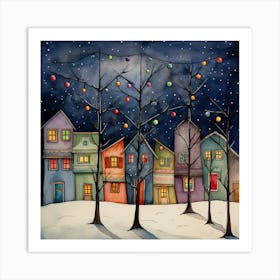 Watercolor Christmas Village Art Print