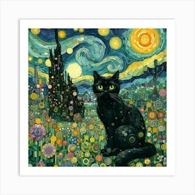 Black Cat At Starry Night Art Print