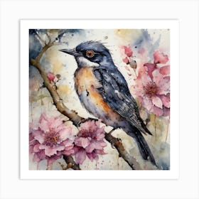 Watercolor Kingbird On Flowers Branch Art Print