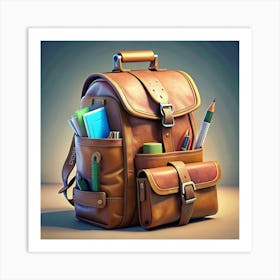 Brown Leather Backpack With School Supplies Art Print