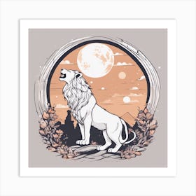 Sticker Art Design, Lion Howling To A Full Moon, Kawaii Illustration, White Background, Flat Colors, 1 Art Print