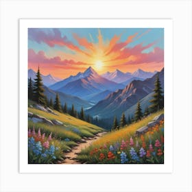 Sunset in the Mountains, Boho Landscape, Wildflowers Art Print 2 Art Print