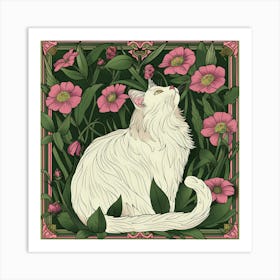 White Cat In Flowers 6 Art Print