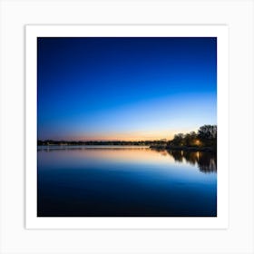 Tranquil Water Landscape Capturing The Essence Of A Scenic Evening Lights Softly Glimmering On The Art Print