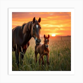 Horse And Foal At Sunset 12 Art Print