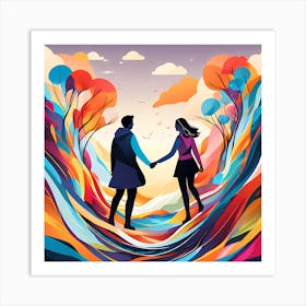 Couple Walking In The Forest Art Print