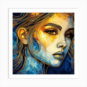 Portrait Of A Woman's Face In Stained Glass. An abstract artwork in blue, and orange colors with golden lines in artistic style. Art Print