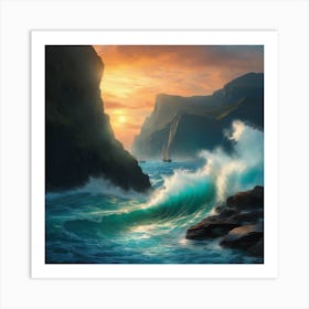 Ocean Scene Crashing Waves Blues Teals with ship and beautiful sunset Art Print