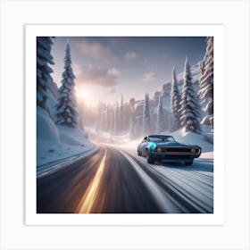 Car Driving On Snowy Road Art Print