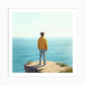 Justin Bieber Standing On A Cliff, Overlooking The Sea, In Soft Watercolor Art Print