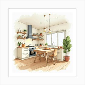 Elegant Watercolor Kitchen Scene, Warm And Inviting Feel 1 Art Print