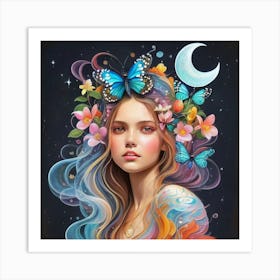 Girl With Flowers And Butterflies Art Print