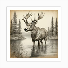 Deer In The Water 10 Art Print