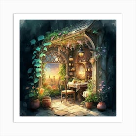 Quiet and attractive dining nook, overgrown flowers, high quality, detailed, highly 3D, elegant carved cart, 4 Art Print