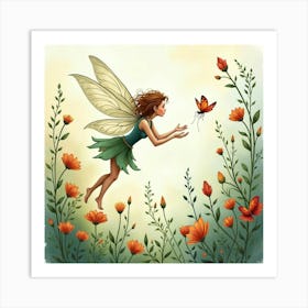 Graceful Fairy In A Magical Garden, Watercolor 1 Art Print