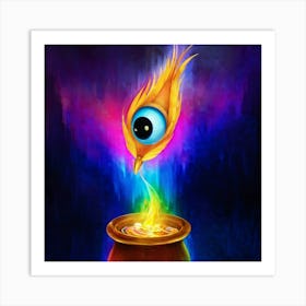 Iridescent Bird With Magical Eyes Emerging From An Endless Stream Of Vibrant Colors Pouring From A B Art Print