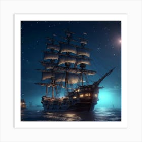 Pirate Ship At Night Art Print