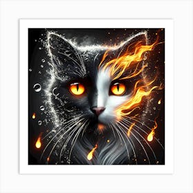 Flaming Black And White Cat Art Print