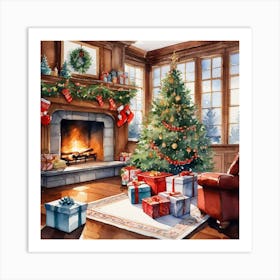 Christmas Presents Under Christmas Tree At Home Next To Fireplace Watercolor Trending On Artstatio (2) Art Print