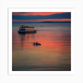 Sunset With Dolphins 2 Art Print