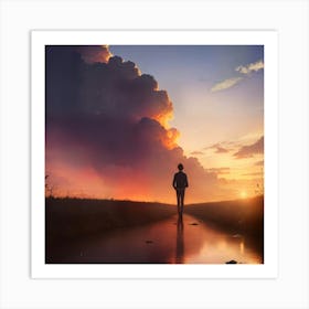 Person Standing In Puddle At Sunset Art Print