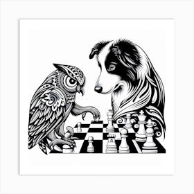 Border Collie S Chess Duel With An Owl Art Print