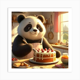 A Panda Bear Baking A Cake In A Sunny Kitchen, Digital Art 2 Art Print