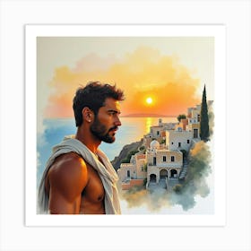 Captivating Greek Man In Watercolor, With The Sun Setting Over A Historic Village 1 Art Print