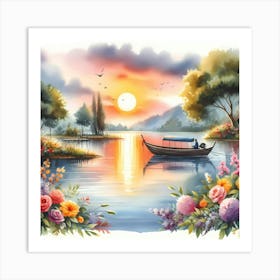 Sunset Boat On The Lake Art Print