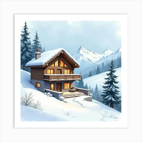 Cozy Ski Lodge In Watercolor, With Snow Covered Slopes And Warm Interiors Art Print