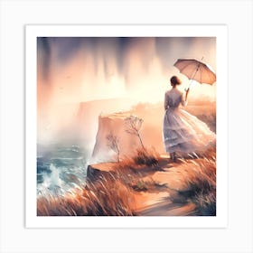 Woman With Umbrella On Cliff Art Print