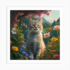 Cat In Flowers 9 Art Print