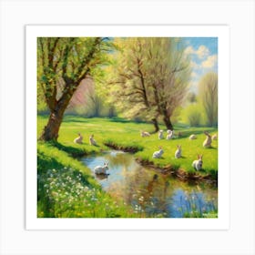 Rabbits By The Stream Art Print